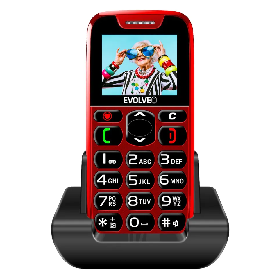 EVOLVEO EasyPhone, mobilní telefon pro seniory s nabíjecím stojánkem, červená
