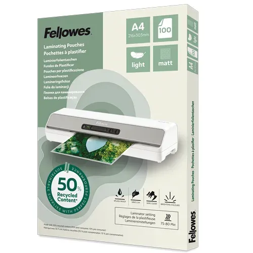 Laminovací fólie Fellowes A4 80 mic z recyklovaného materiálu (50%), matné