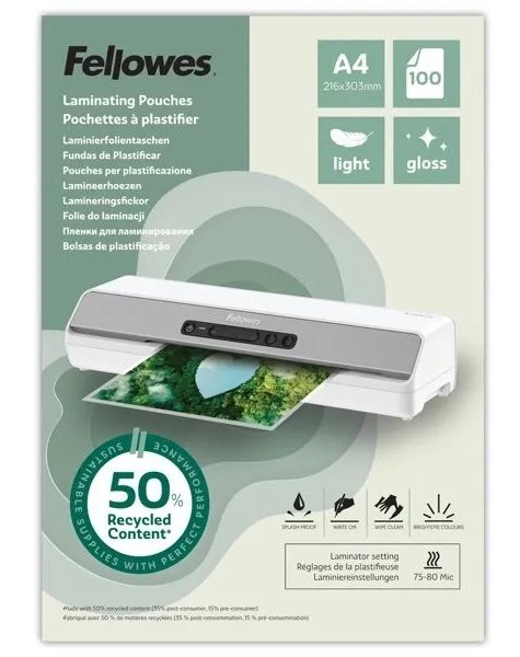 Laminovací fólie Fellowes A4 80 mic z recyklovaného materiálu (50%), matné