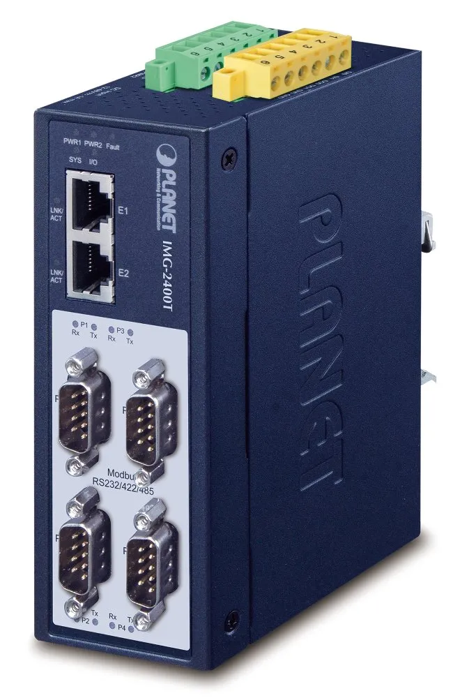 Planet MODBUS průmyslová brána RS-232/422/485 na IP, 4x COM, 100Base-TX, RTU/ACSII, -40až+75°C, 12-48VDC, IP40