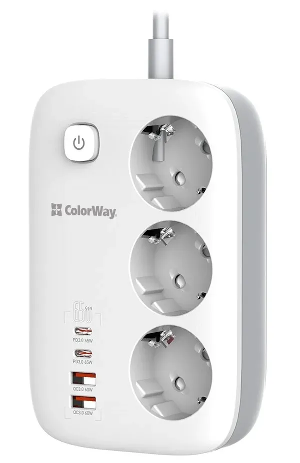 COLORWAY Prodlužovací napájecí přívod/ 3x Schuko/ 2x USB-A 60W/ 2x USB-C 65W/ kabel 2m