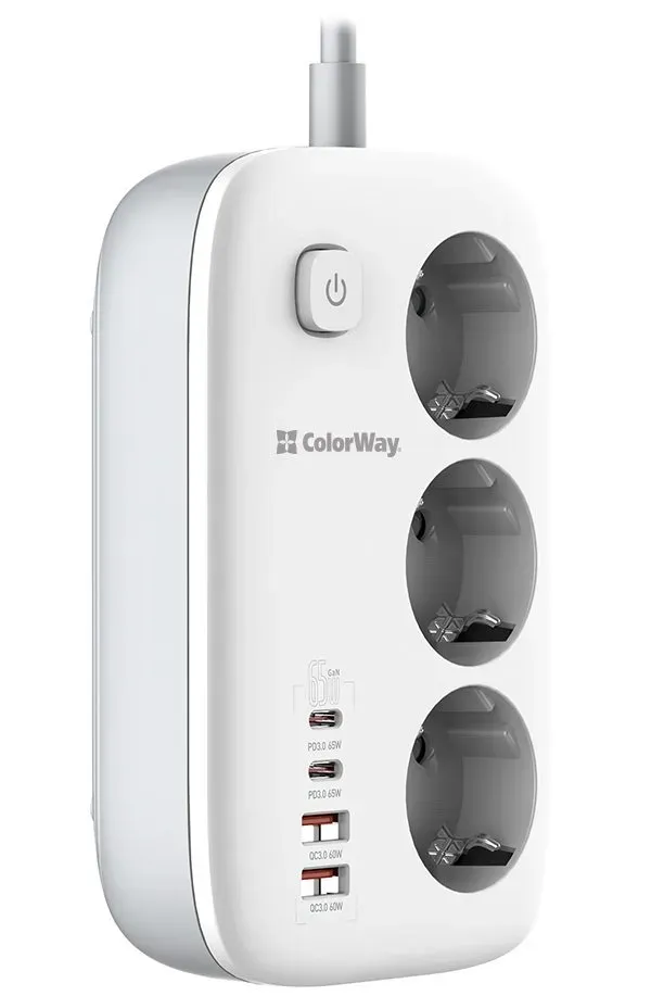 COLORWAY Prodlužovací napájecí přívod/ 3x Schuko/ 2x USB-A 60W/ 2x USB-C 65W/ kabel 2m