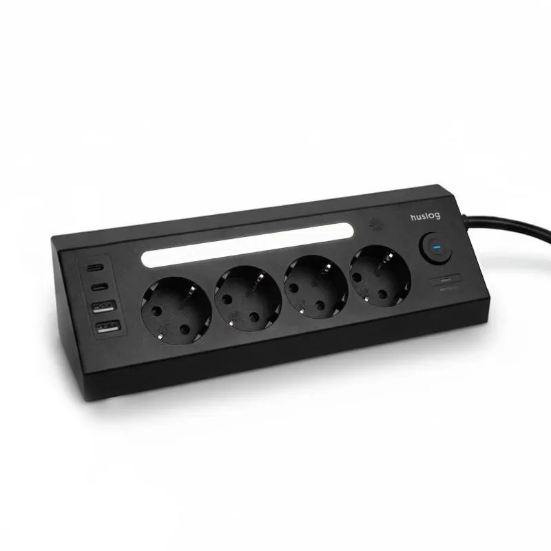 Nabíjecí stanice Huslog 15W 4xzásuvka, 2xUSB-C, 2xUSB, 1x LED světlo černá