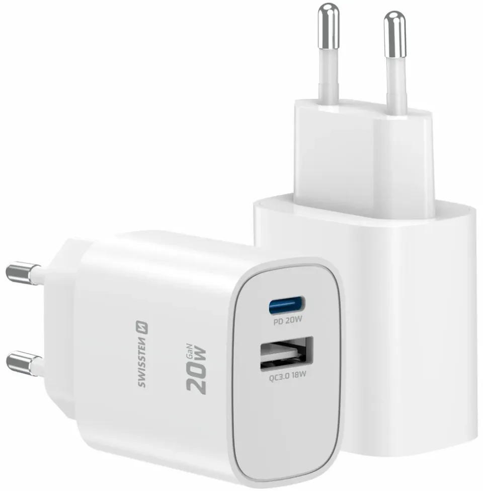 Swissten Síťový Adaptér Edge GaN 1x USB-C PD 20W + 1x USB-A 18W QC Bílý