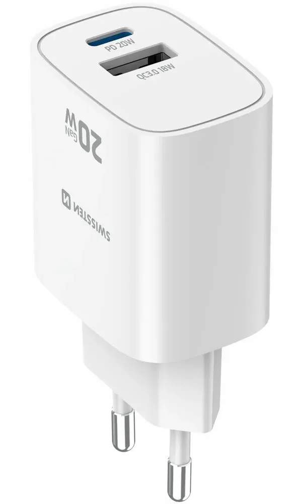 Swissten Síťový Adaptér Edge GaN 1x USB-C PD 20W + 1x USB-A 18W QC Bílý