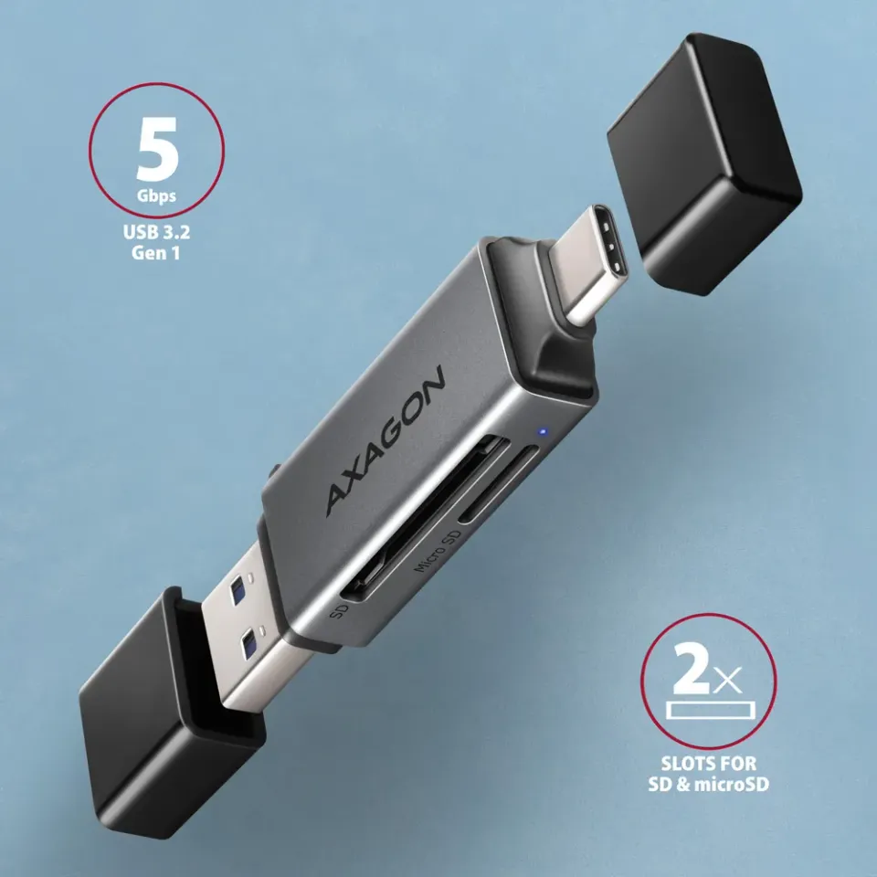 AXAGON CRE-DAC, USB-C + USB-A, 5 Gbps - MINI čtečka karet, 2-slot & lun SD/micro
