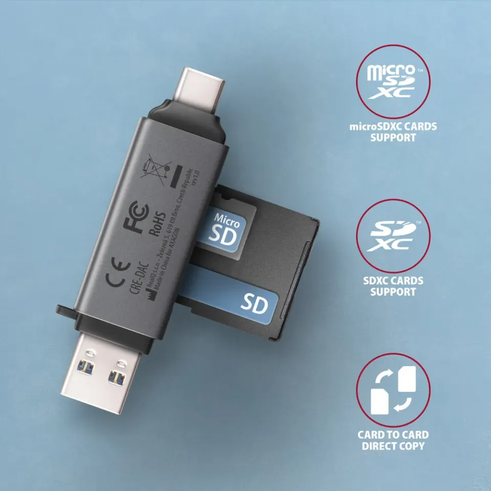 AXAGON CRE-DAC, USB-C + USB-A, 5 Gbps - MINI čtečka karet, 2-slot & lun SD/micro