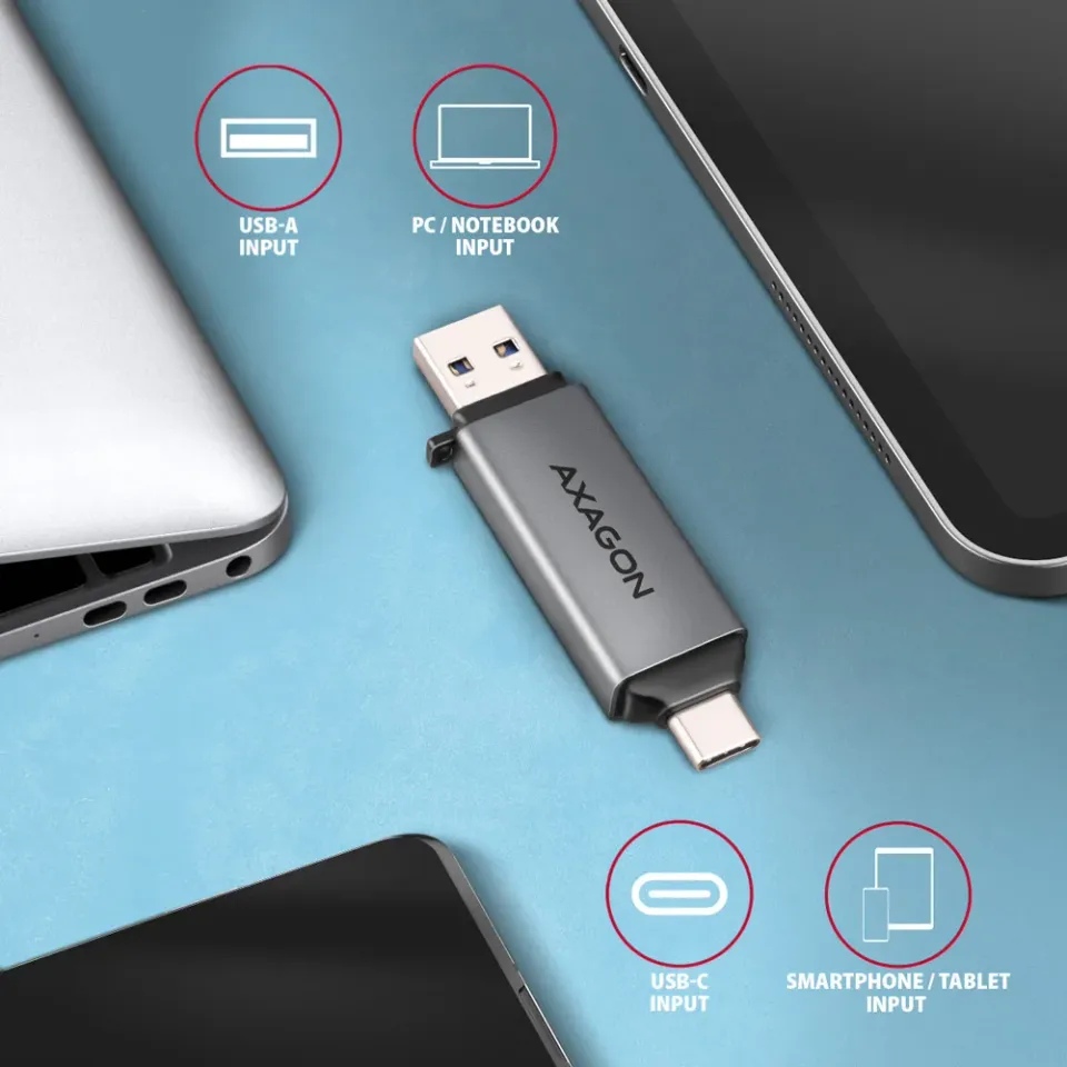 AXAGON CRE-DAC, USB-C + USB-A, 5 Gbps - MINI čtečka karet, 2-slot & lun SD/micro
