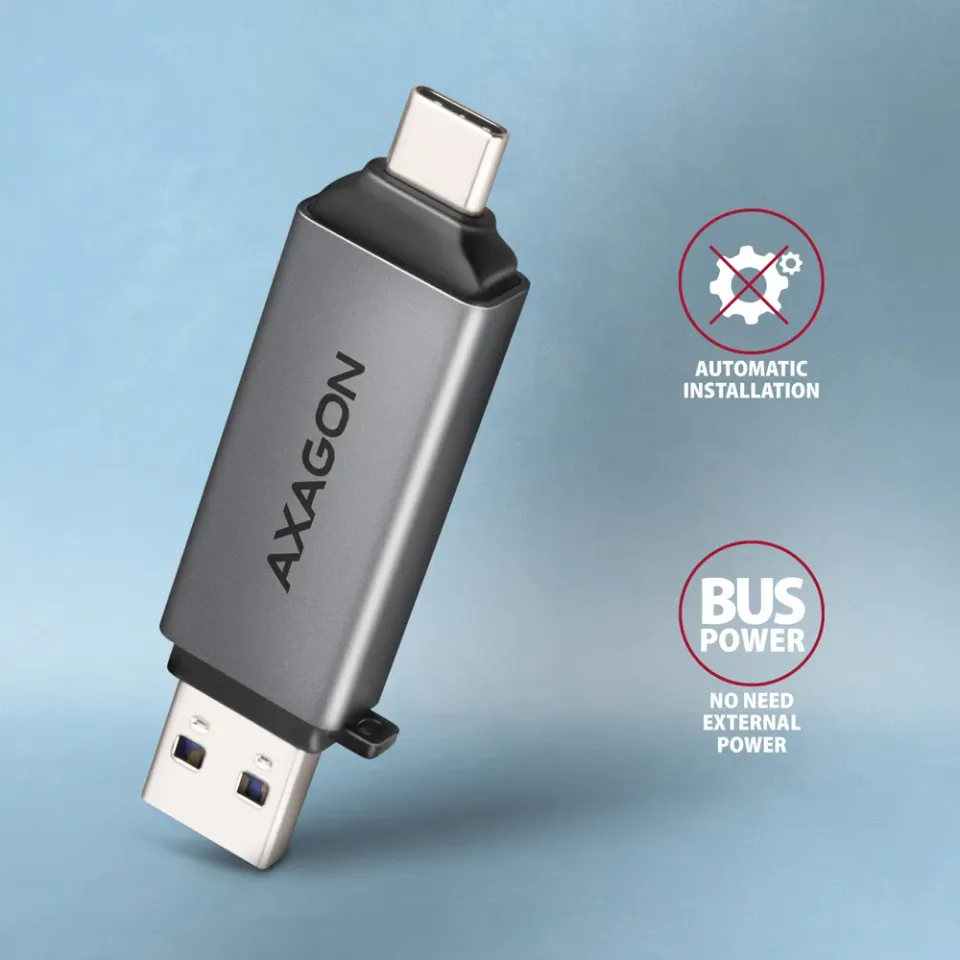 AXAGON CRE-DAC, USB-C + USB-A, 5 Gbps - MINI čtečka karet, 2-slot & lun SD/micro