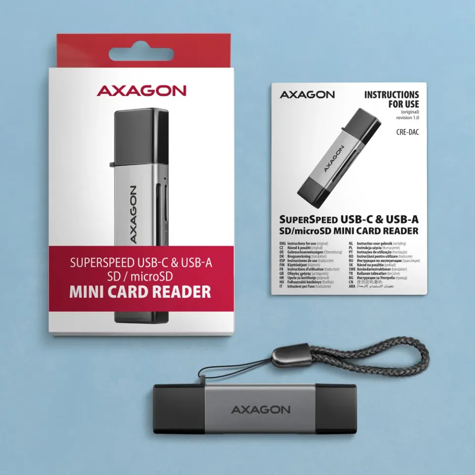 AXAGON CRE-DAC, USB-C + USB-A, 5 Gbps - MINI čtečka karet, 2-slot & lun SD/micro