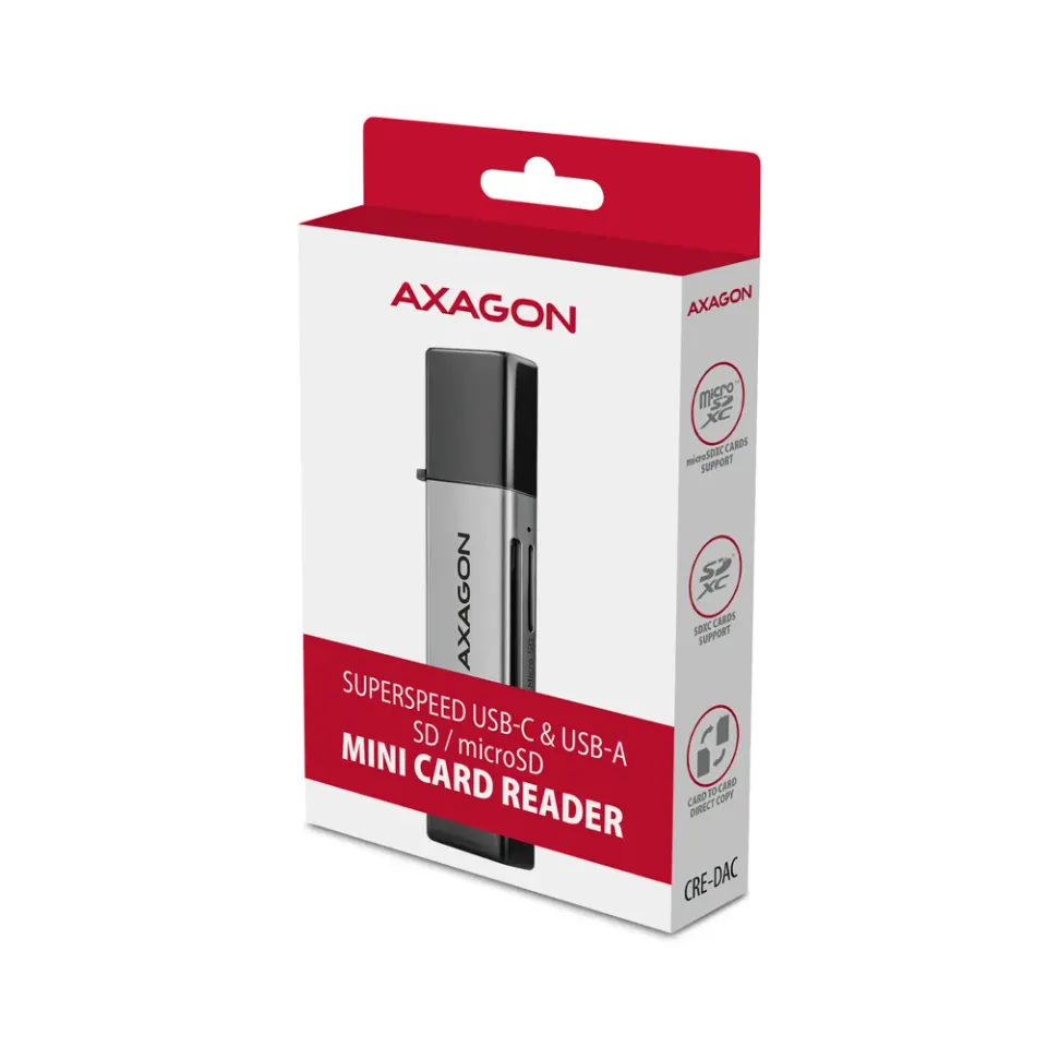 AXAGON CRE-DAC, USB-C + USB-A, 5 Gbps - MINI čtečka karet, 2-slot & lun SD/micro