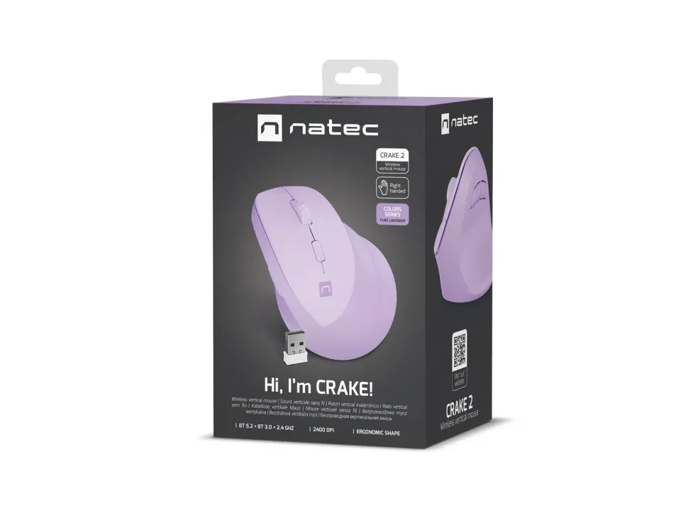 Bezdrátová vertikální myš Natec CRAKE 2/Optická/2 400 DPI/USB+BT/Levan/Vertikální/Optická/Pro pravák