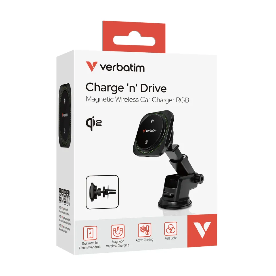 VERBATIM Nabíječka do auta Charge´n´Drive, Magnetická, Bezdrátová, Qi2, RGB