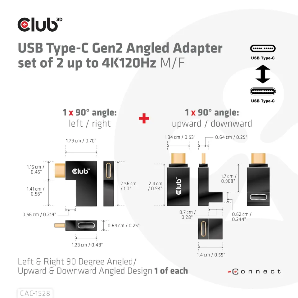 Club3D set adapterů USB-C Gen2 angled adapter set of 2, 4K120Hz, 240W, (M/F)