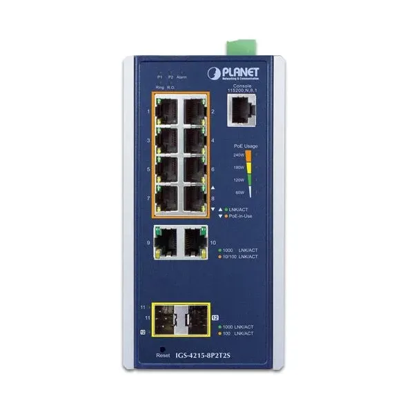 Planet IGS-4215-8P2T2S průmyslový L2 switch, 10x 1Gb, 2x1Gb SFP, 8x PoE 802.3at 240W, 48~54VDC, IP30