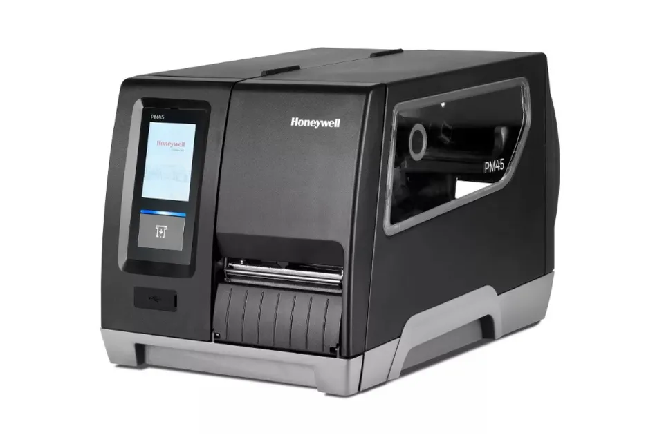 Honeywell PM45 – industrieller Etikettendrucker, 300 dpi, Touch-Display, Ethernet, Aufwickler, Etikettenentnahmesensor