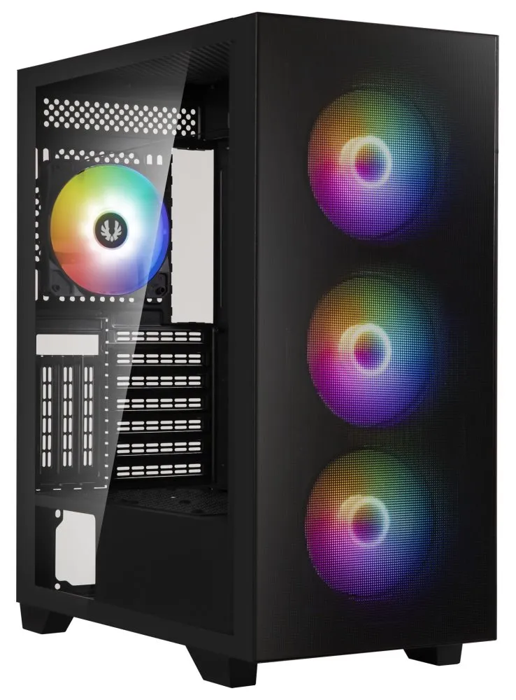 BitFenix skříň Flow FRGB/ ATX / 4x 120mm FRGB fan / 2x USB 3.0 / tvrzené sklo / černá