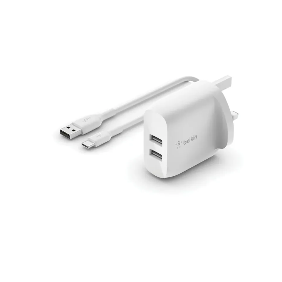 Belkin BOOST CHARGE Duální 24W USB-A nástěnná nabíječka + 1m USB-C kabel, bílá