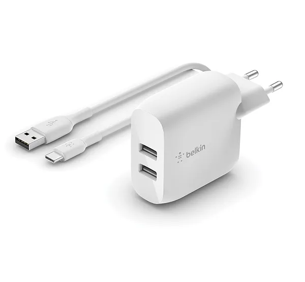 Belkin BOOST CHARGE Duální 24W USB-A nástěnná nabíječka + 1m USB-C kabel, bílá