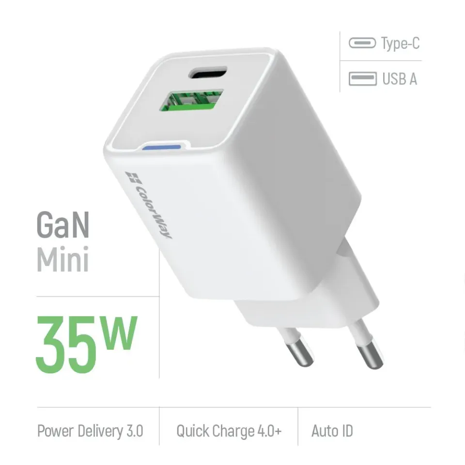 COLORWAY 1x USB-C/ síťová nabíječka/ GaN/ PD/ PPS/ QC/ 35W/ Bílá