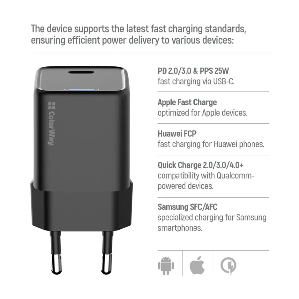 COLORWAY 1x USB-C/ síťová nabíječka/ GaN/ PD/ PPS/ 25W/ Černá