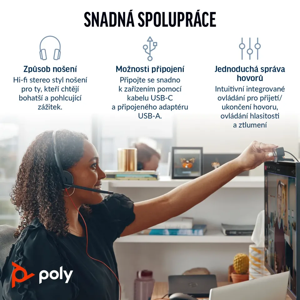 HP Poly Blackwire 3220 náhlavní souprava, USB-C/A adaptér, stereo