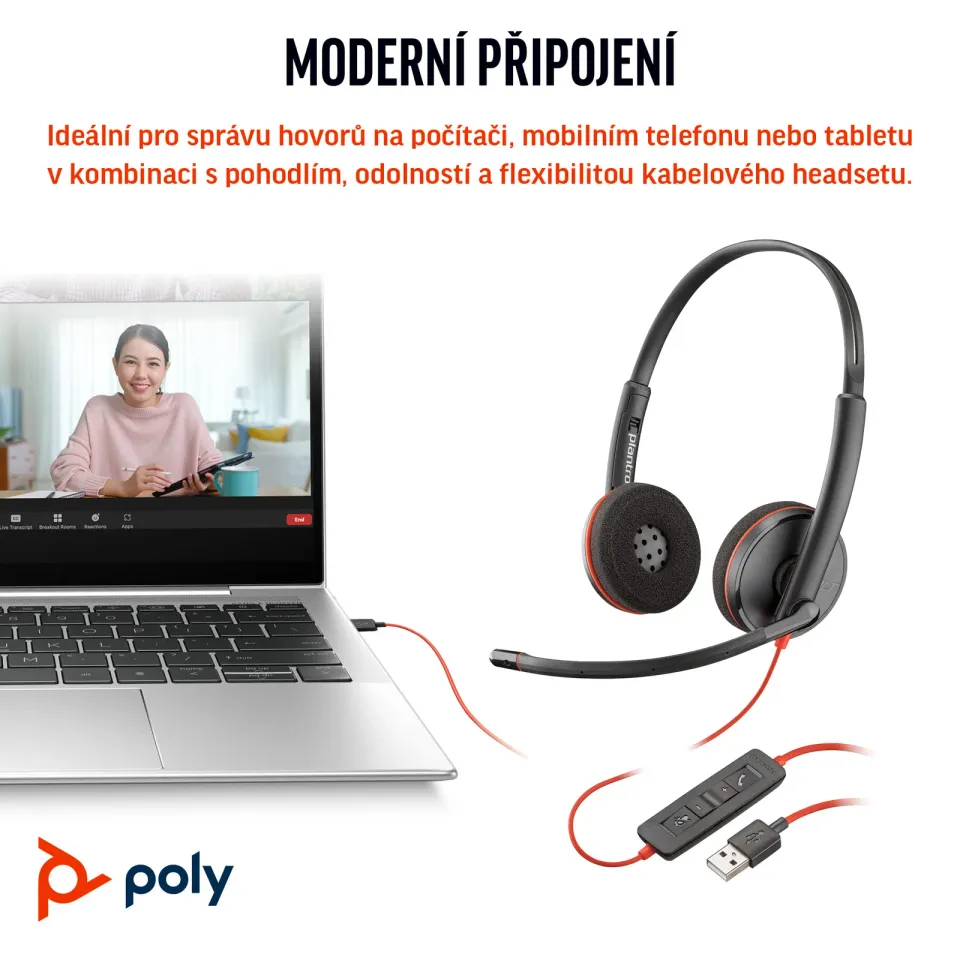 HP Poly Blackwire 3220 náhlavní souprava, USB-C/A adaptér, stereo