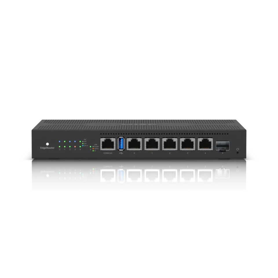 UBNT EdgeMAX EdgeRouter 6 PoE [1GHz quad-core CPU, 1GB RAM, PoE, EdgeOS, 5 gigabitové porty + 1xSFP slot, fanless]