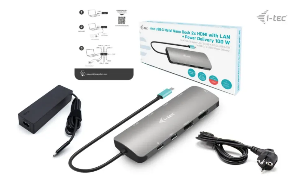 I-tec USB-C Metal Nano 2x HDMI Docking Station, PD 100W + Charger 100W (bundle)