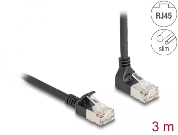 Delock Síťový kabel RJ45 Cat.6A S/FTP, Slim, zalomený nahoru o 90° / přímý, 3 m,