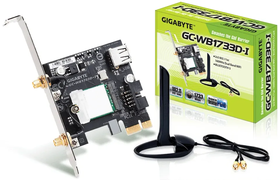 GIGABYTE GC-WB1733D-I, WiFi 802.11ac, Bluetooth 5, PCIe, Dual Band, 1734 Mbps