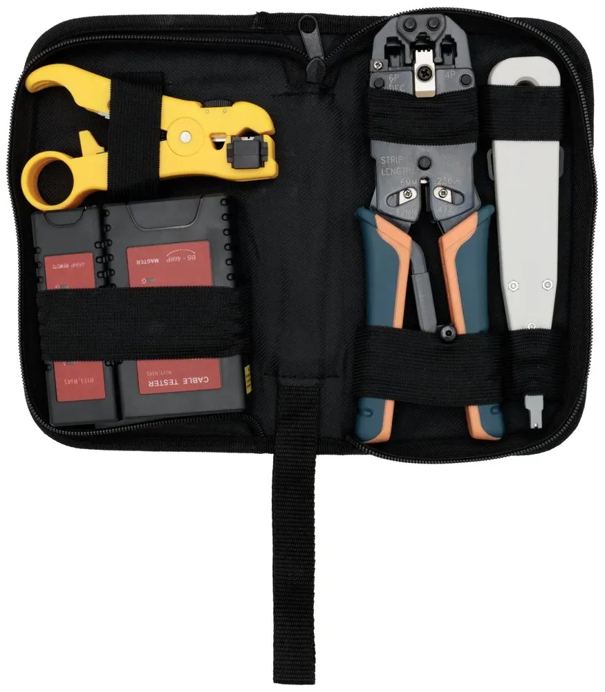 XtendLan Kit LAN - Profi krimp kleště RJ-45-12-11-10, ořezávač/odizolovávač, narážeč, tester