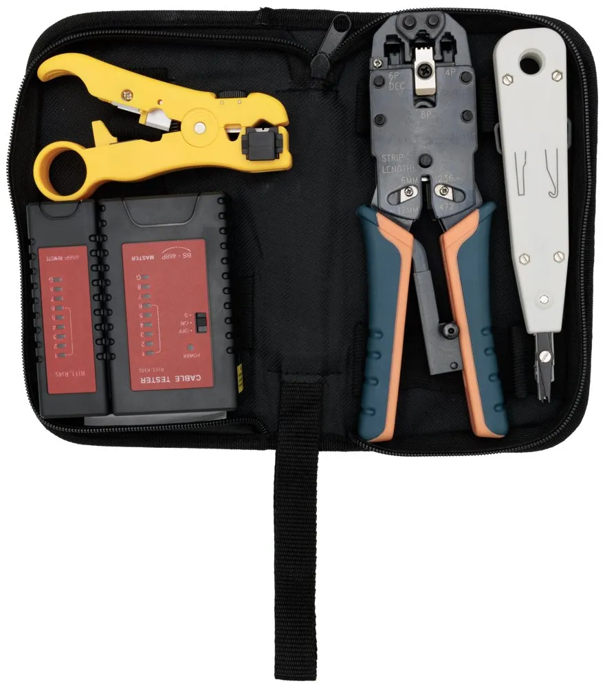 XtendLan Kit LAN - Profi krimp kleště RJ-45-12-11-10, ořezávač/odizolovávač, narážeč, tester