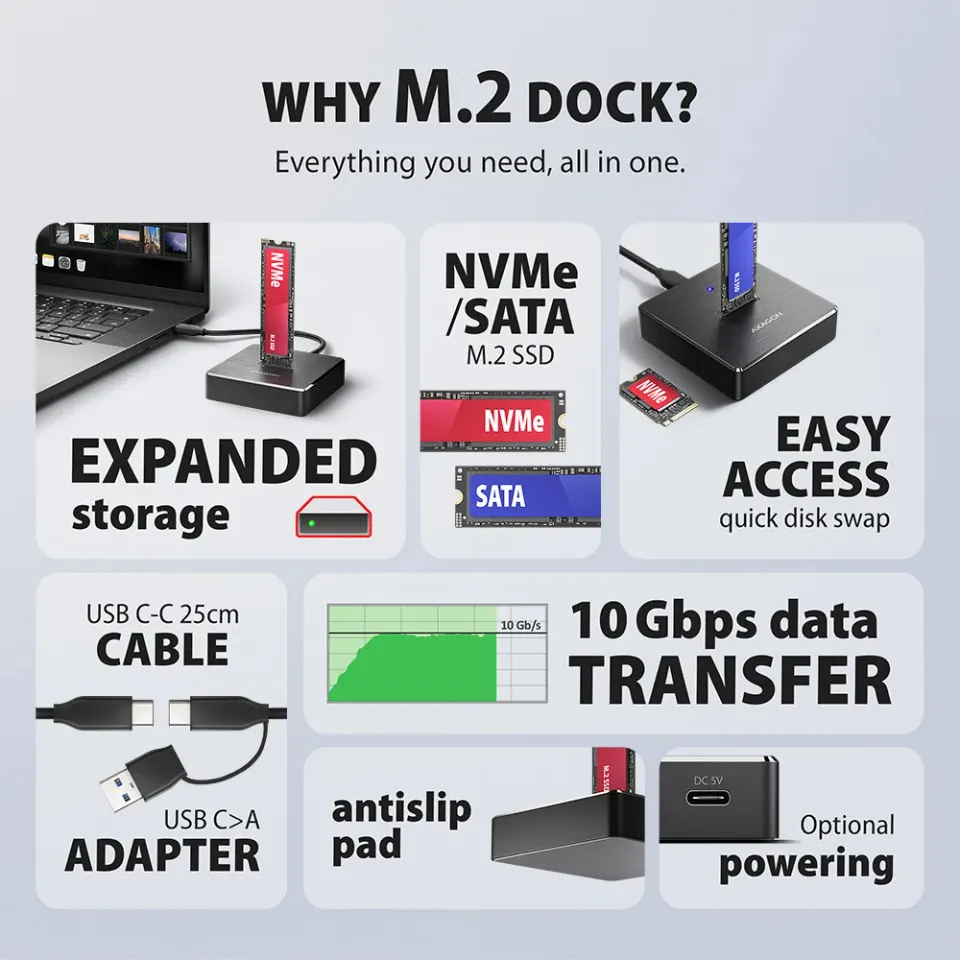 AXAGON ADSA-M2C11, USB-C 10Gbps dokovací stanice pro 1× M.2 NVMe/SATA SSD