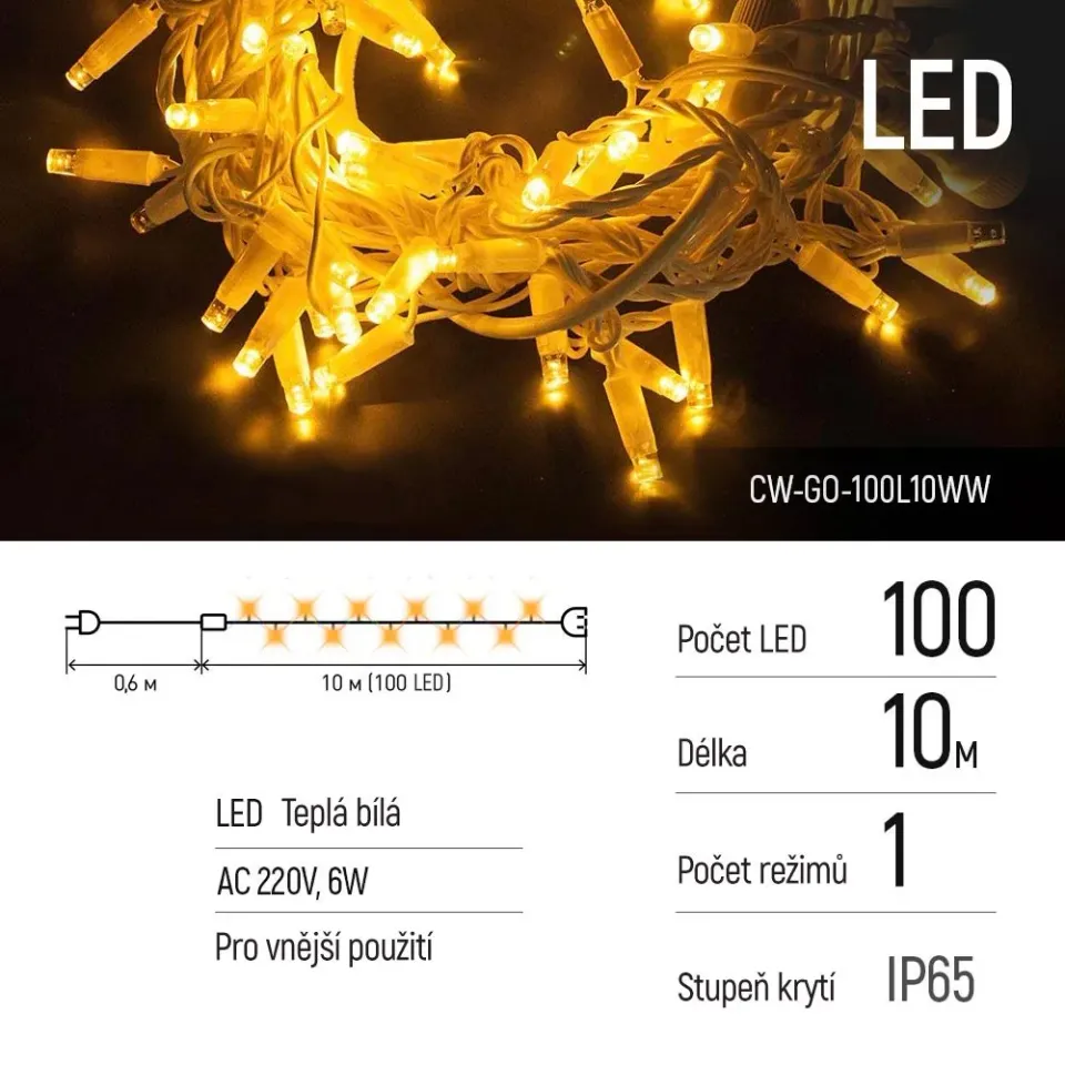 COLORWAY LED řetěz/ IP65 / 100 LED / délka 10m / teplá bílá/ napájení AC, 220V, 6W