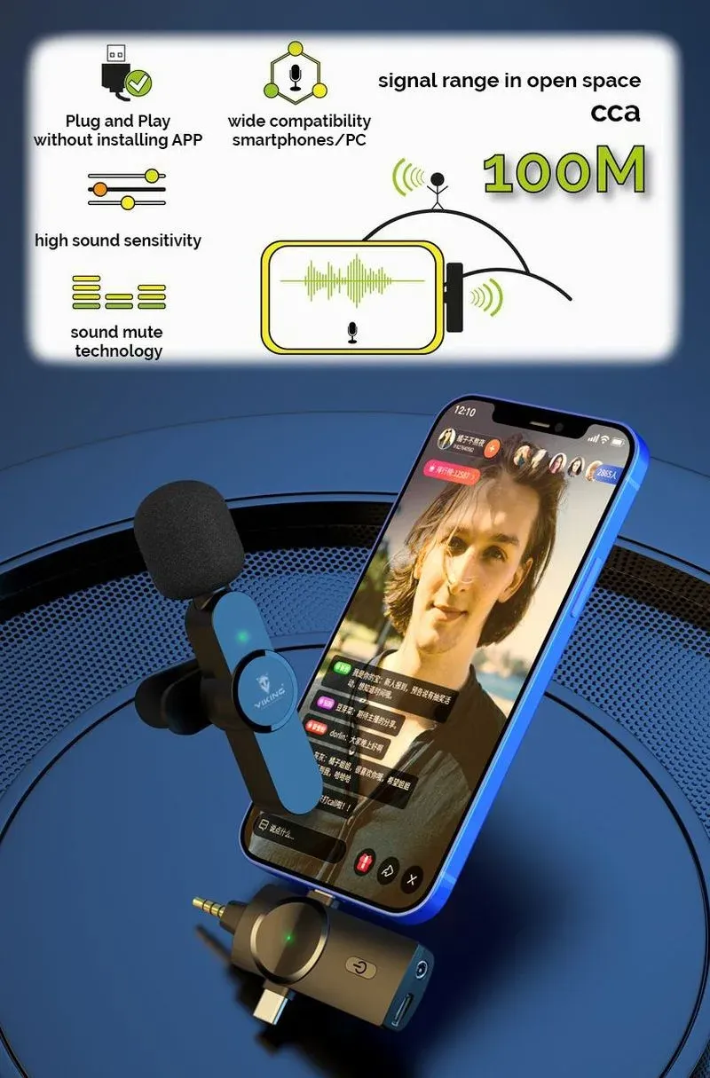 Viking bezdrátový mikrofon s klipem M360, konektor USB-C / Lightning / 3,5 mm jack
