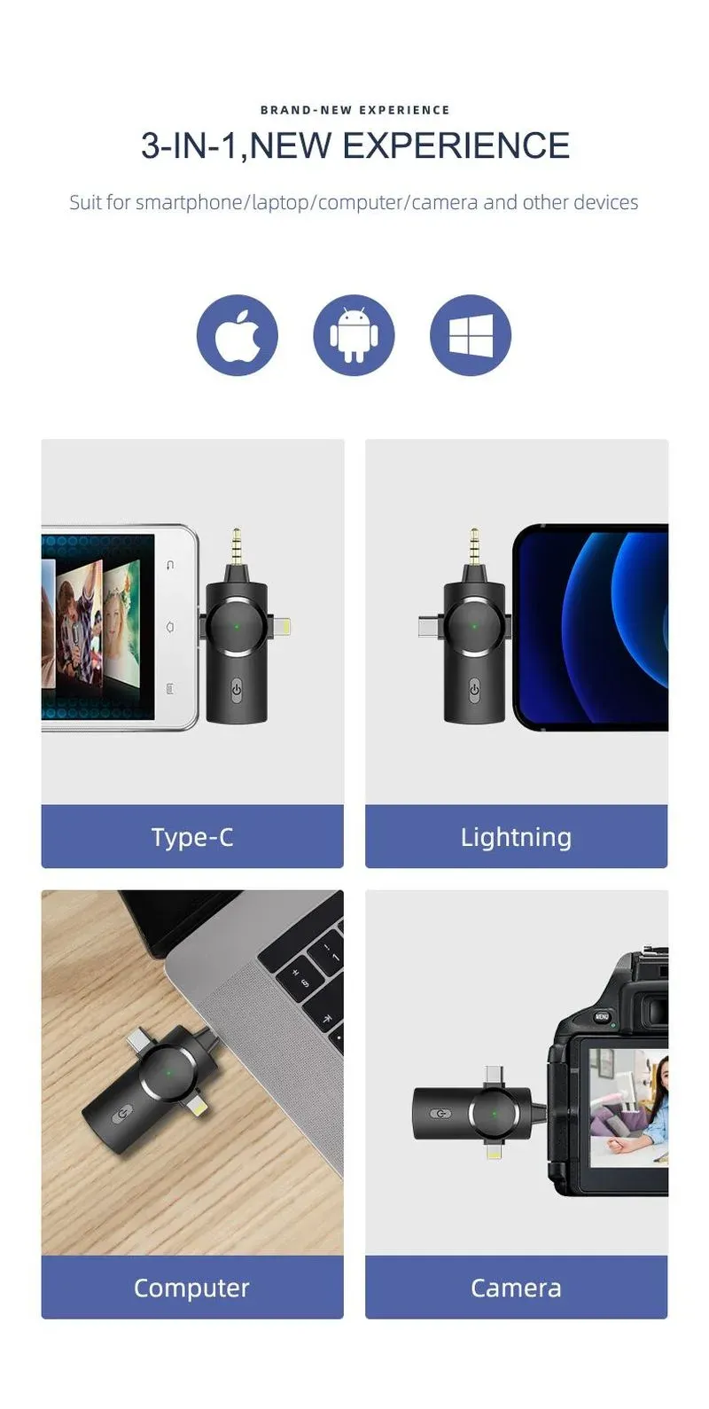 Viking bezdrátový mikrofon s klipem M360, konektor USB-C / Lightning / 3,5 mm jack