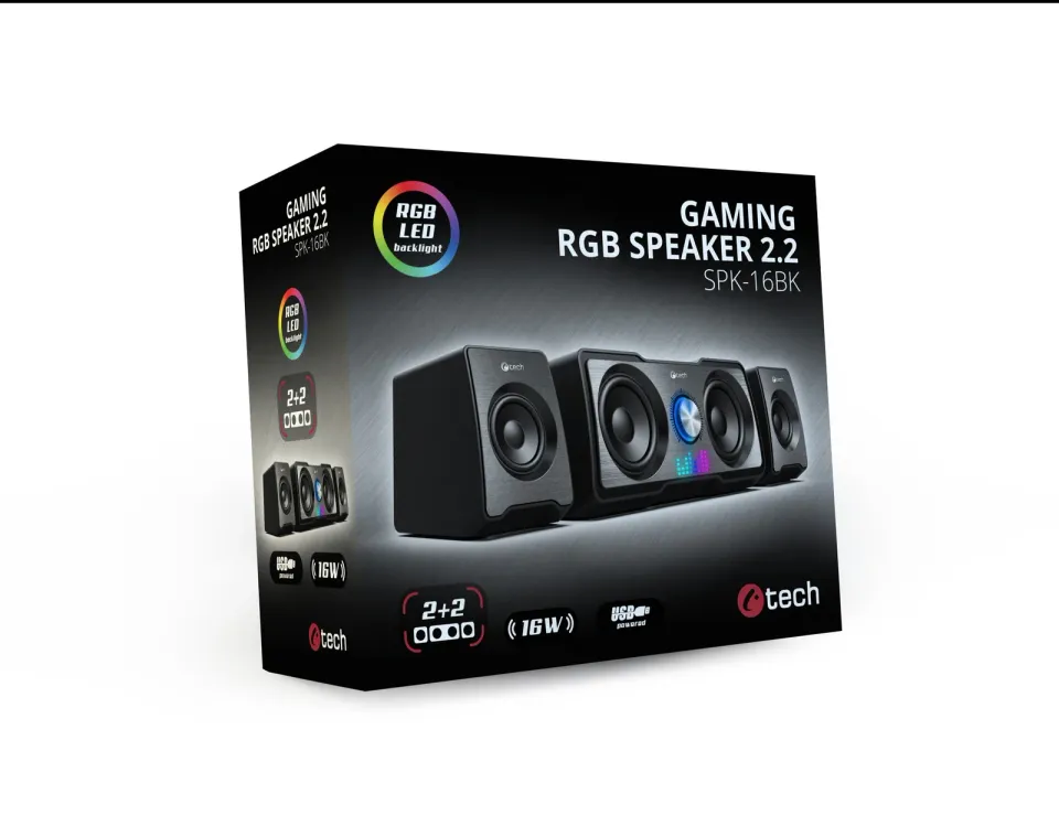 C-TECH reproduktory SPK-16, 2.2, 16W, RGB podsvícení, 3,5mm jack, USB napájení,