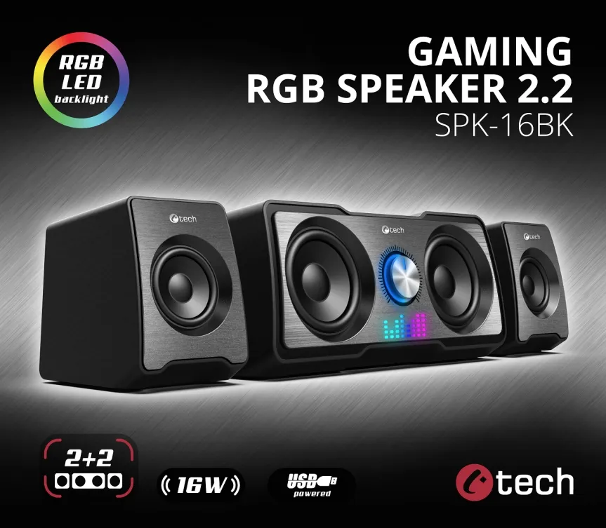 C-TECH reproduktory SPK-16, 2.2, 16W, RGB podsvícení, 3,5mm jack, USB napájení, (SPK-16BK)