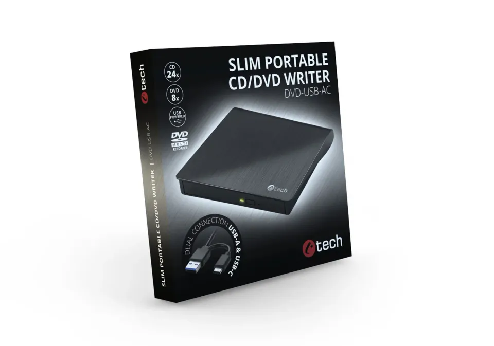 C-TECH Externí DVD vypalovačka DVD-USB-AC, USB 3.0, USB A/Type C