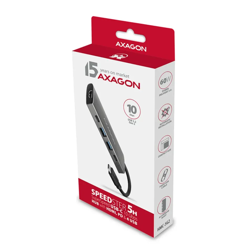 AXAGON HMC-5G2, USB-C 3.2 Gen 2 10 Gb/s hub, porty HDMI 4K/60Hz + 2x USB-A + 2x
