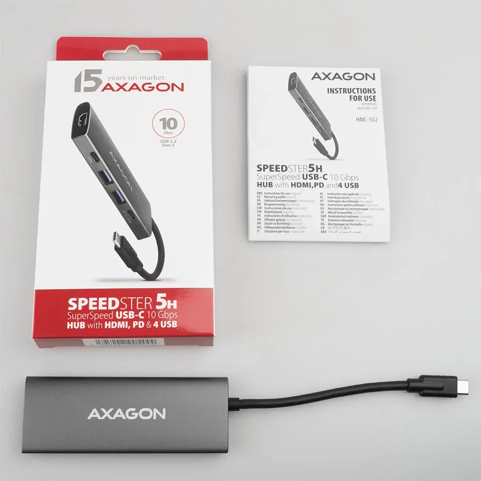 AXAGON HMC-5G2, USB-C 3.2 Gen 2 10 Gb/s hub, porty HDMI 4K/60Hz + 2x USB-A + 2x