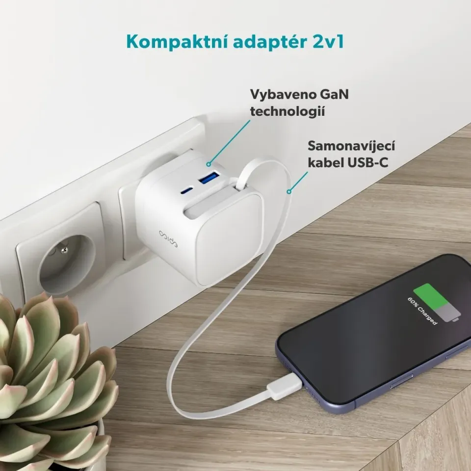 Epico UltraBoost Retractable GaN 65W adaptér EA65c se zabudovaným kabelem