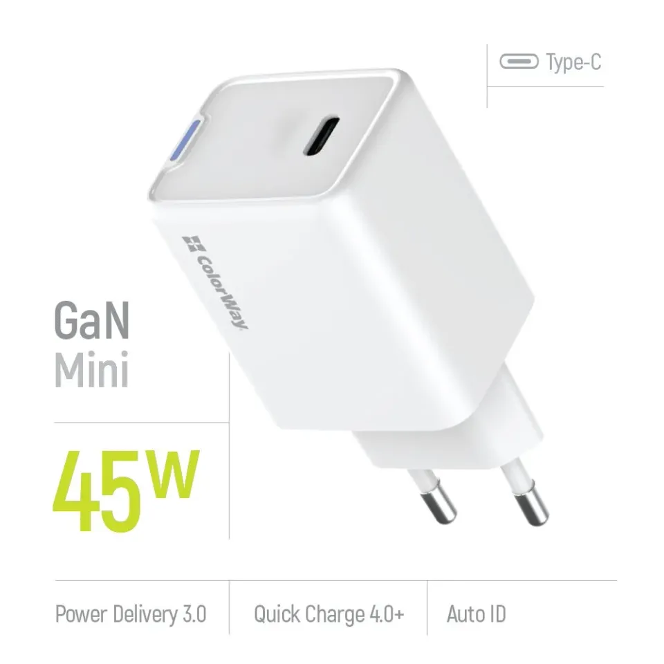 COLORWAY 1x USB-C/ síťová nabíječka/ GaN/ PD/ PPS/ 45W/ Bílá
