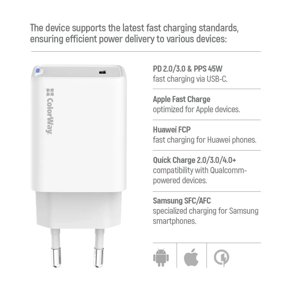 COLORWAY 1x USB-C/ síťová nabíječka/ GaN/ PD/ PPS/ 45W/ Bílá