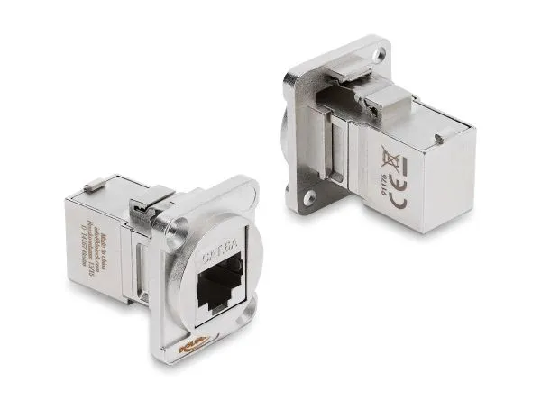 Delock Modul typu D RJ45 ze zásuvky na zásuvku, pravoúhlý, 90°, Cat.6A, stříbrný
