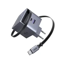 UGREEN síťová rychlonabíječka se zatahovacím kabelem 45W 3-Port, 2x USB-C, 1x USB-A, GaN, stříbrná
