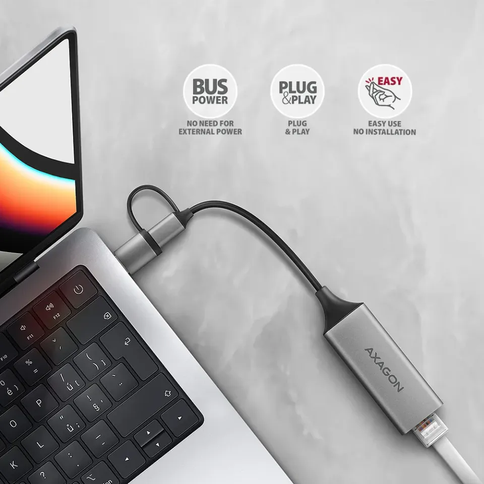 AXAGON ADE-TXCA, USB-C + USB-A 3.2 Gen 1 - Gigabit Ethernet síťová karta, Asix A