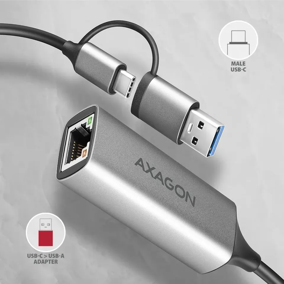 AXAGON ADE-TXCA, USB-C + USB-A 3.2 Gen 1 - Gigabit Ethernet síťová karta, Asix A