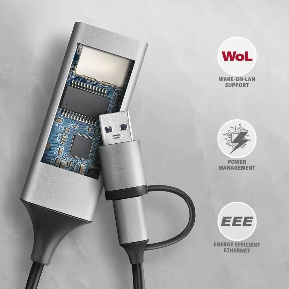 AXAGON ADE-TXCA, USB-C + USB-A 3.2 Gen 1 - Gigabit Ethernet síťová karta, Asix A
